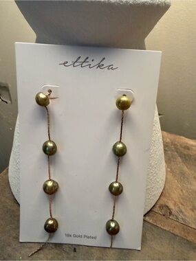 ettika Gold-Tone Olive Green Pearl Linear Drop Earrings